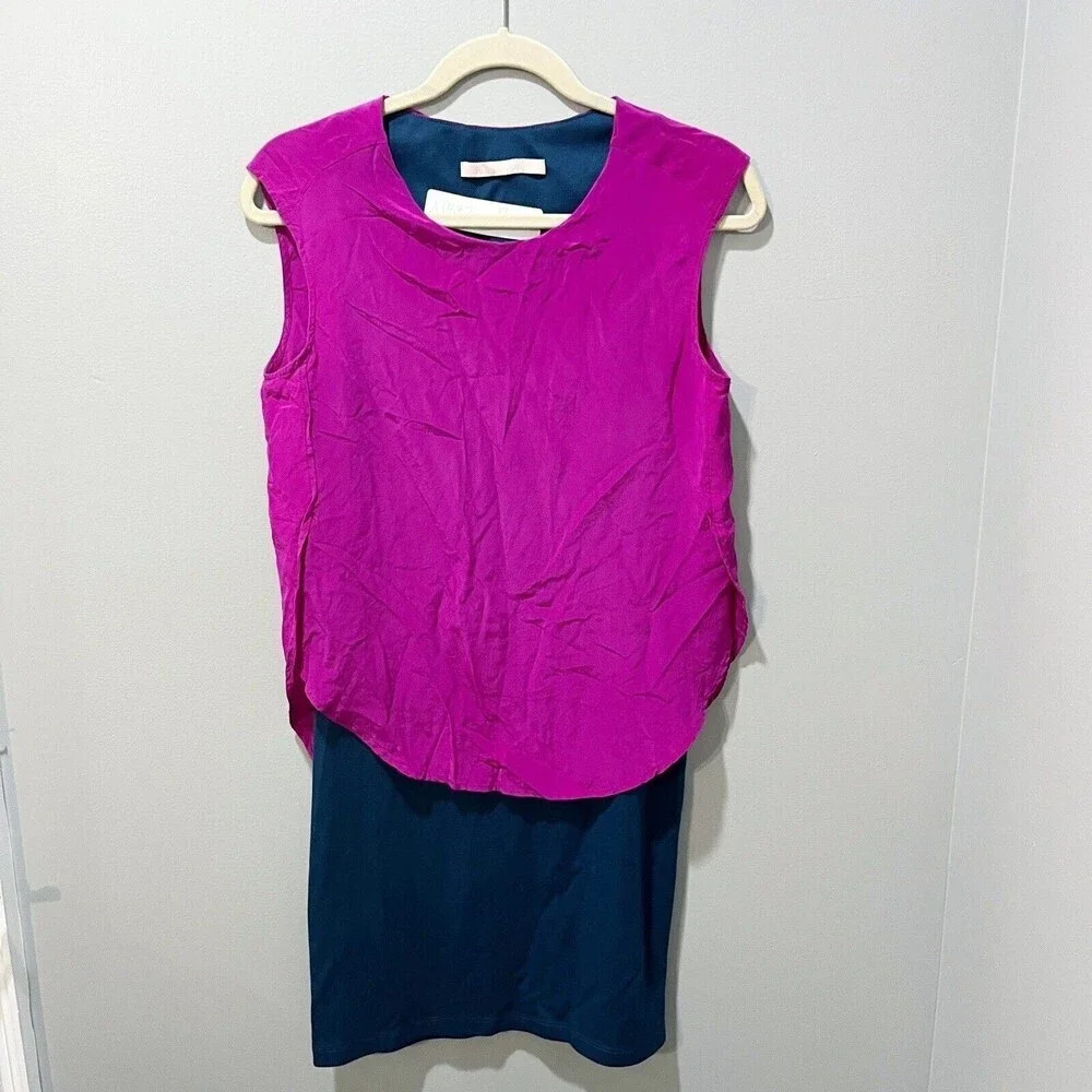 Hutch Anthropologie Womens Navy Magenta Layer Top Sheath Dress Lined Silk S/M